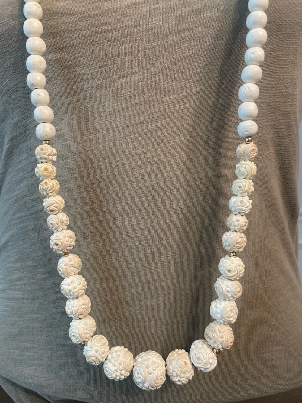 White Beaded Textured Floral Long Necklace